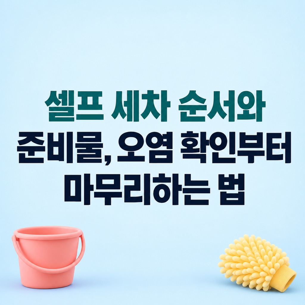 자동차 옆에 놓인 세차 준비물