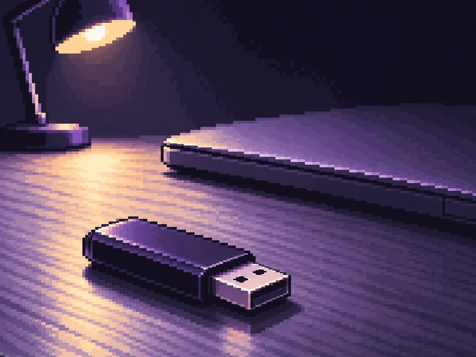 노트북과 떨어져 놓인 USB 메모리