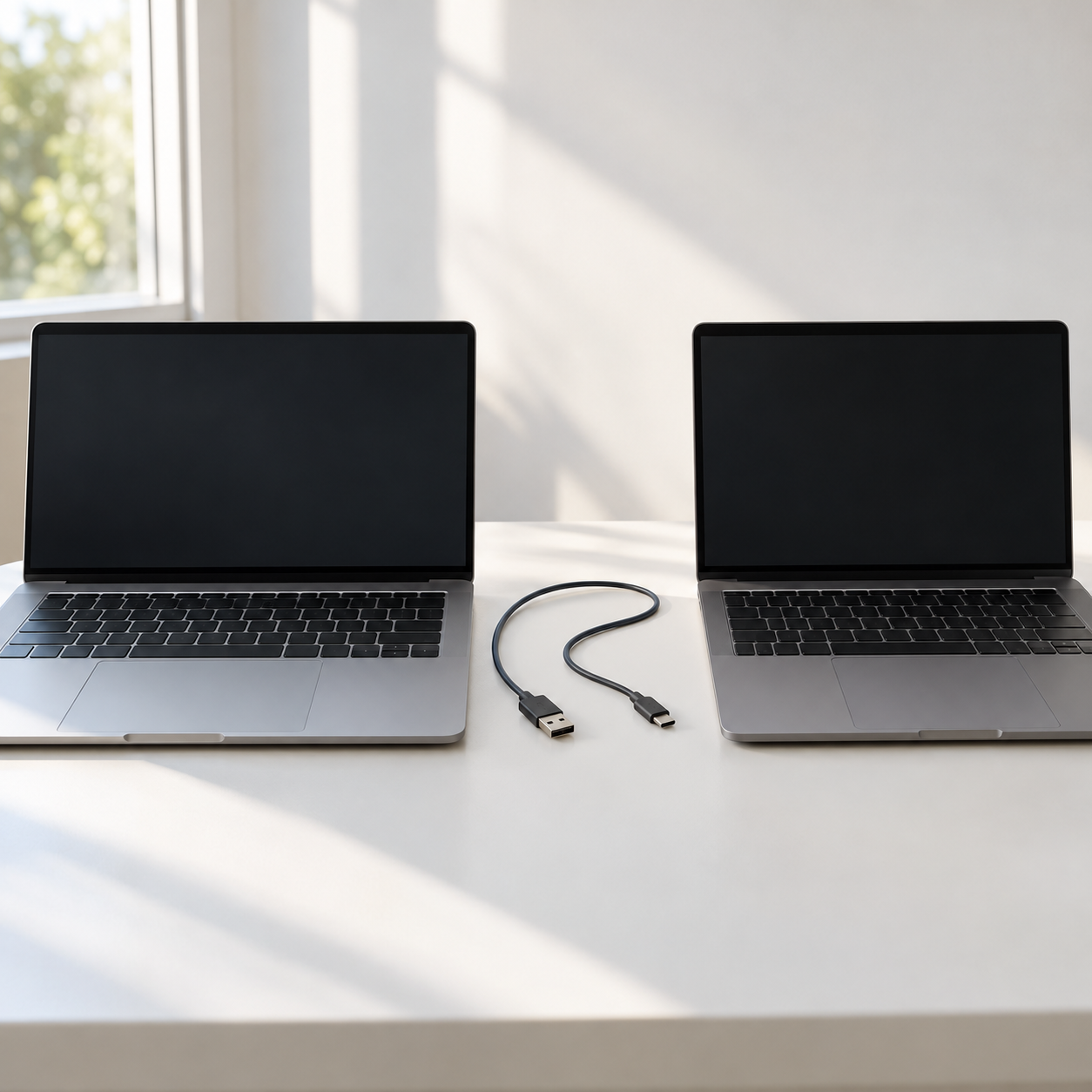 노트북 두 대 사이에 놓인 USB 케이블